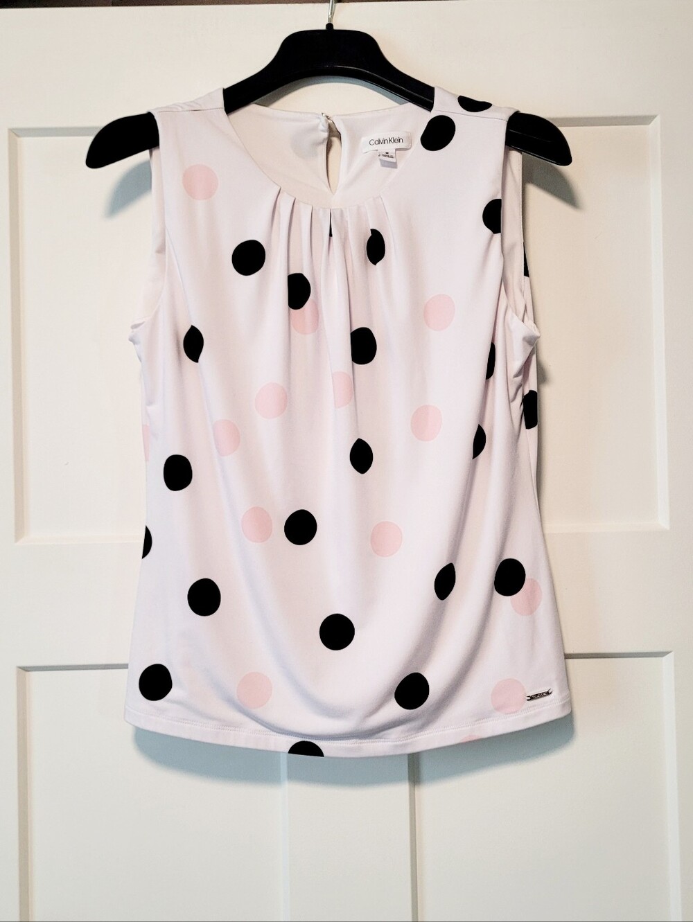 Calvin Klein Sleeveless Shell Top Pink Blk Polka Dot Pleated Business Chic